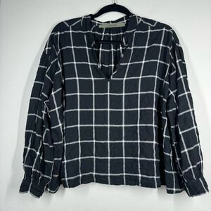 Enza Costa Split Collar Poet Top Black Plaid Blouse Long Sleeve Size 2/Medium